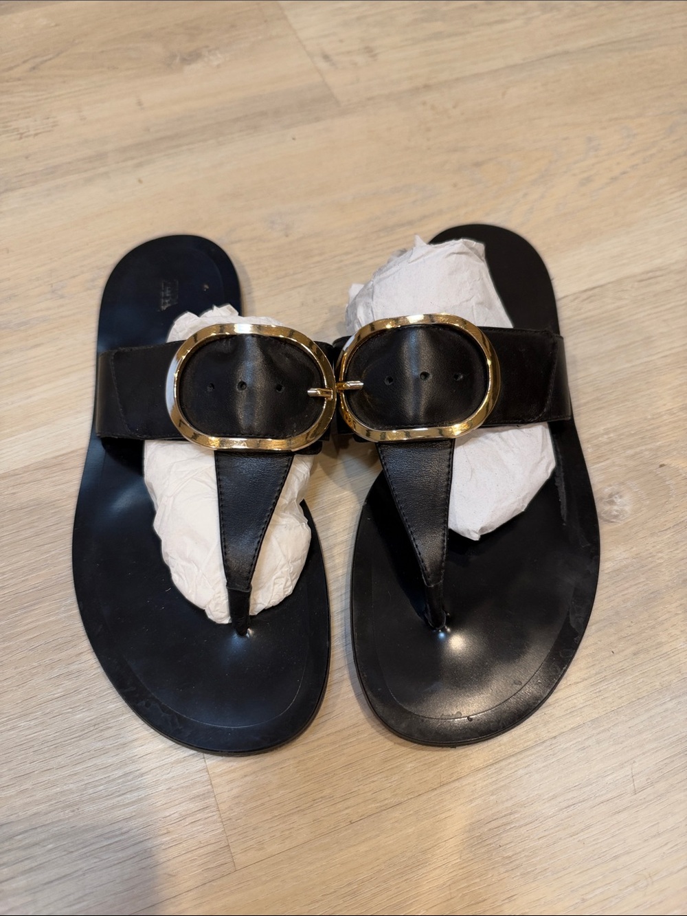 Zara Black Leather Thong Sandals with Gold Oval Buckles